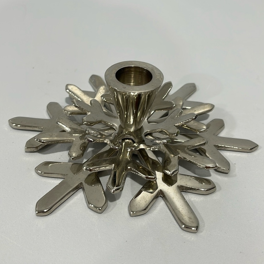 Crate & Barrel Silver Shiny Snowflake Taper Candle Holder